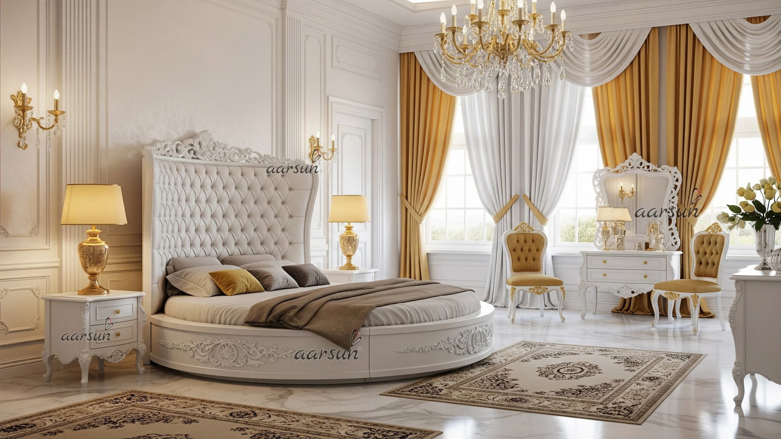 A classic royal round bed in a luxurious bedroom view 3