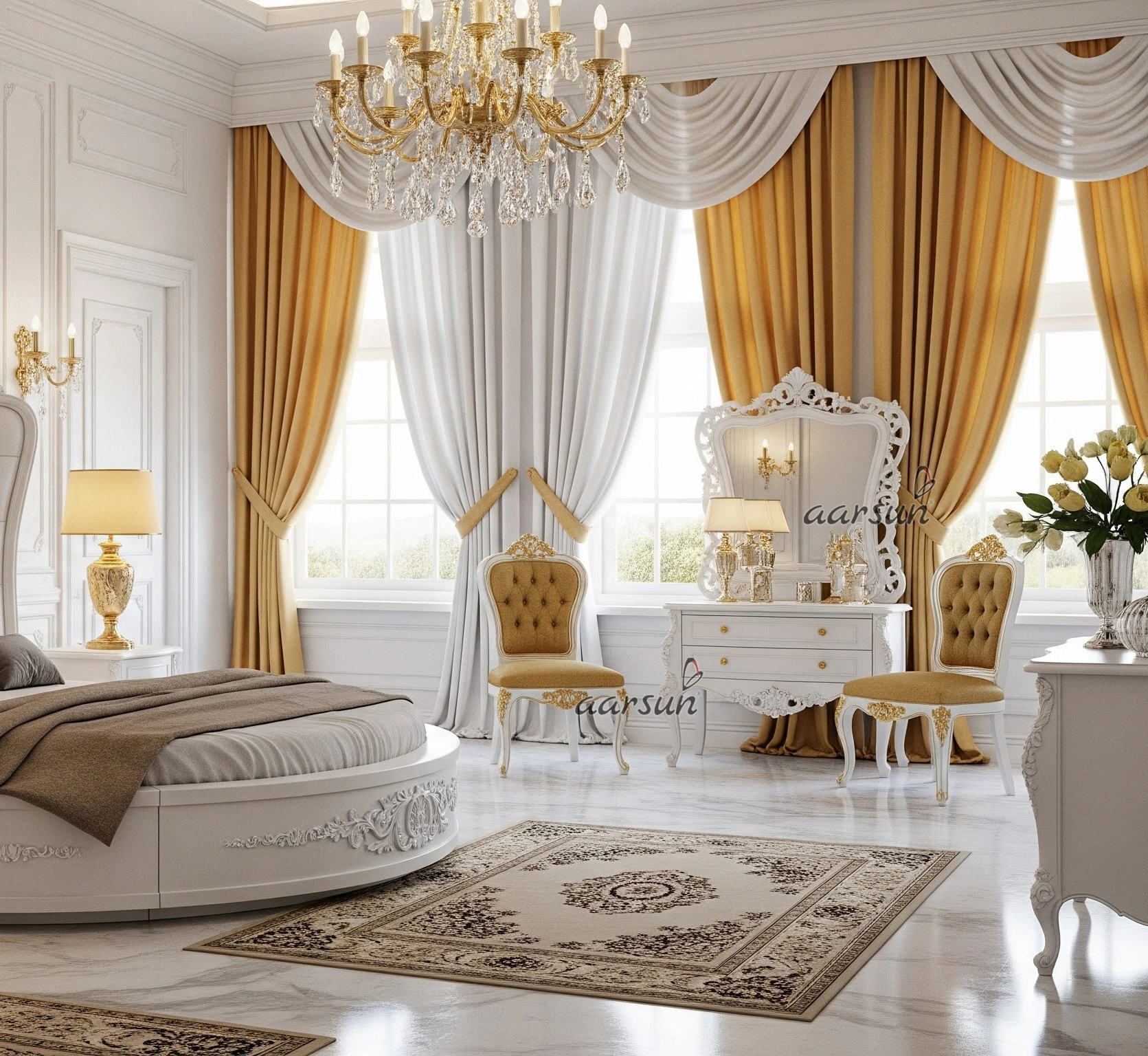 A classic royal round bed in a luxurious bedroom view 4