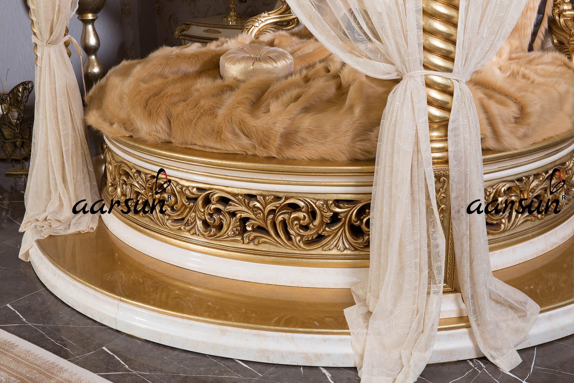 Bed Designs Round Bed with White and Gold Polish view 3