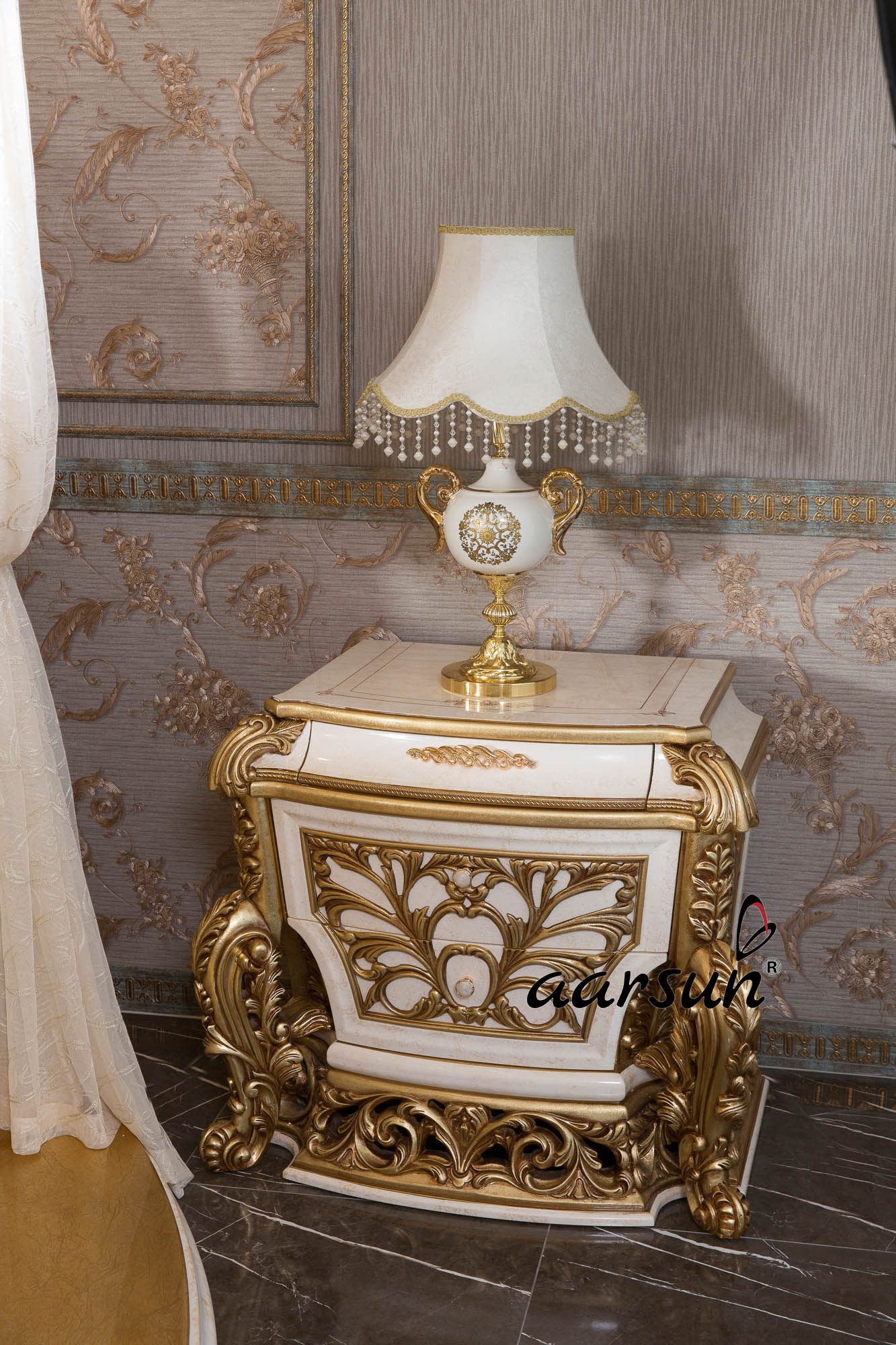 Bed Designs Round Bed with White and Gold Polish view 4
