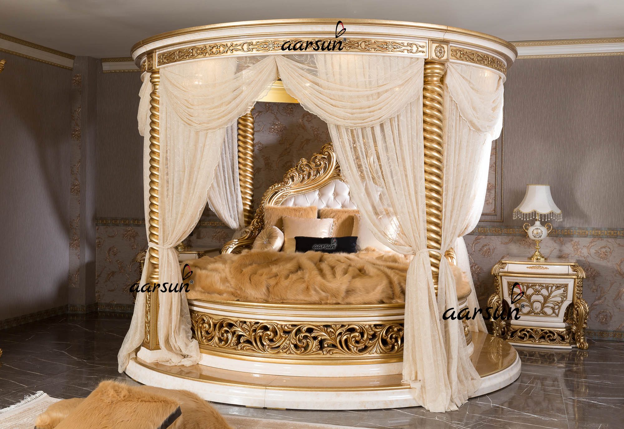 Bed Designs Round Bed with White and Gold Polish