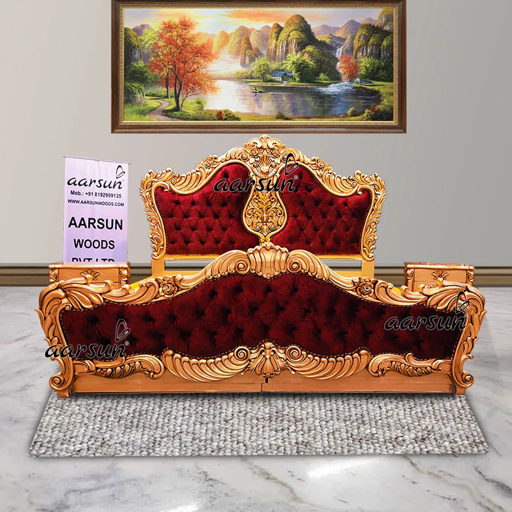 Antique Gold Large Bedroom Set with Tufted Contemporary Style Fabric