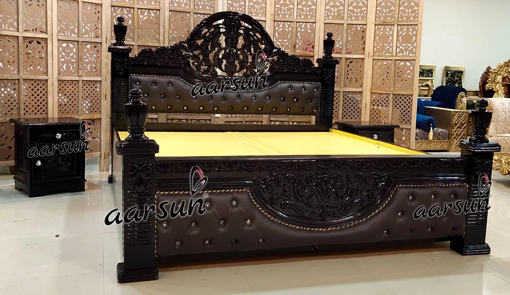 Black Maharaja Bed with Side Tables Finely Carved in Teak view 3