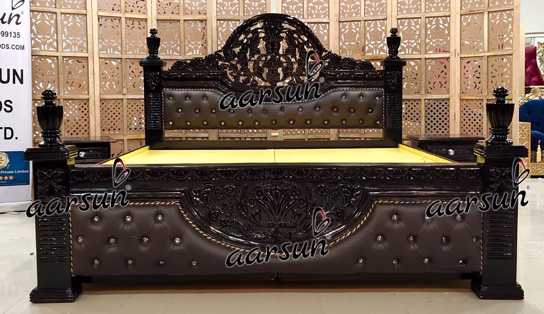 Black Maharaja Bed with Side Tables Finely Carved in Teak view 4