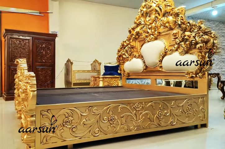 Carved King Size Bed in Teak Wood view 4