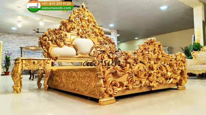 Carved King Size Bed in Teak Wood view 9