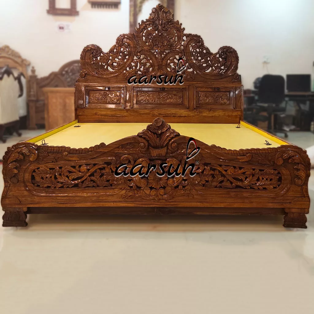 Carved Wooden Bed Natural Finish view 3