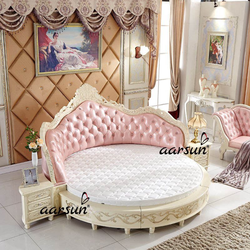 Delightful Wooden Round Bed in White Polish