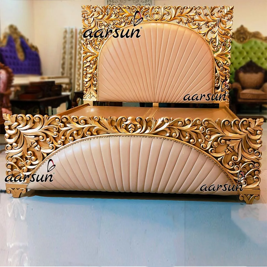Gold Finish Royal Bed with Leatherette view 3