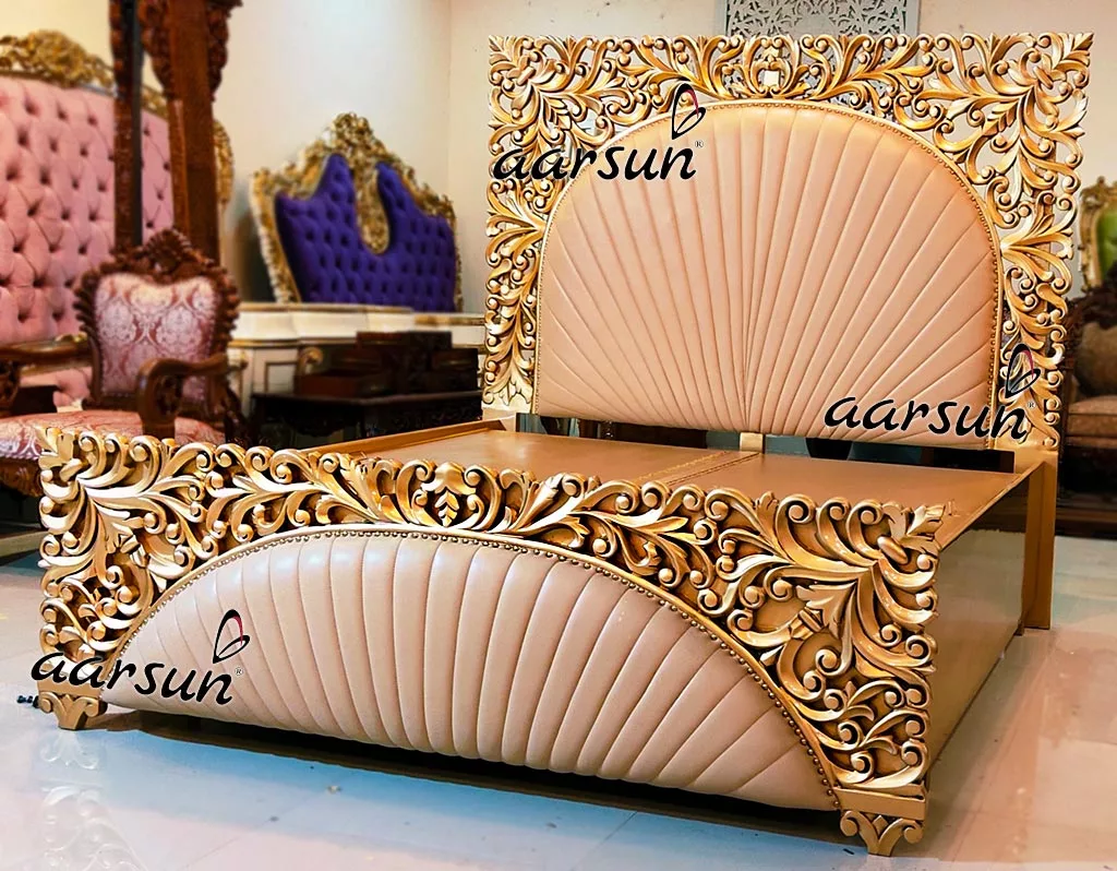 Gold Finish Royal Bed with Leatherette view 4