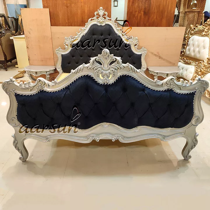 Hand-carved Silver Wooden Bed Premium Quality Wood view 3
