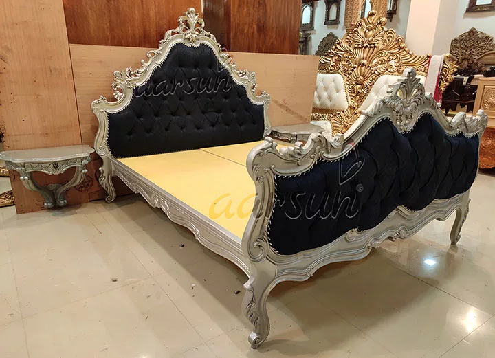 Hand-carved Silver Wooden Bed Premium Quality Wood view 5