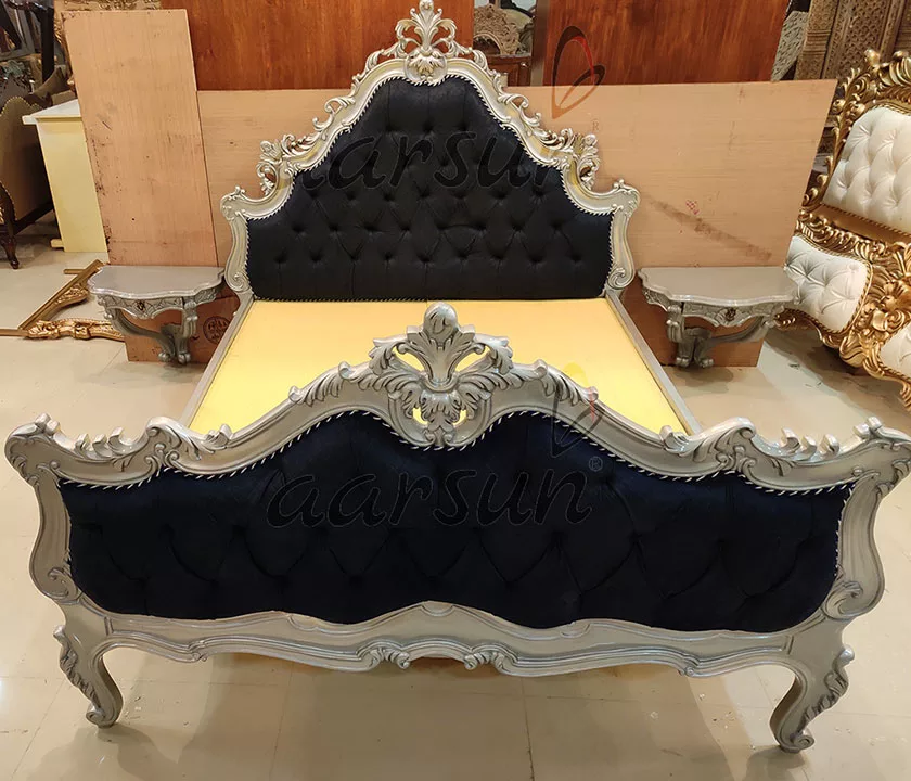 Hand-carved Silver Wooden Bed Premium Quality Wood view 7