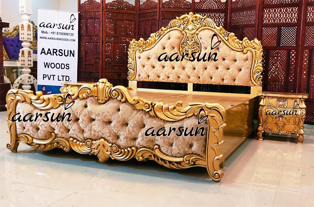 Handcrafted Carved Gold Finish Bed in Teak Wood view 3