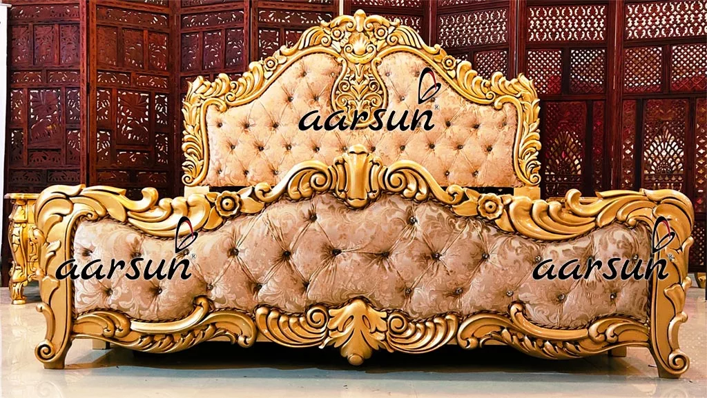Handcrafted Carved Gold Finish Bed in Teak Wood view 4
