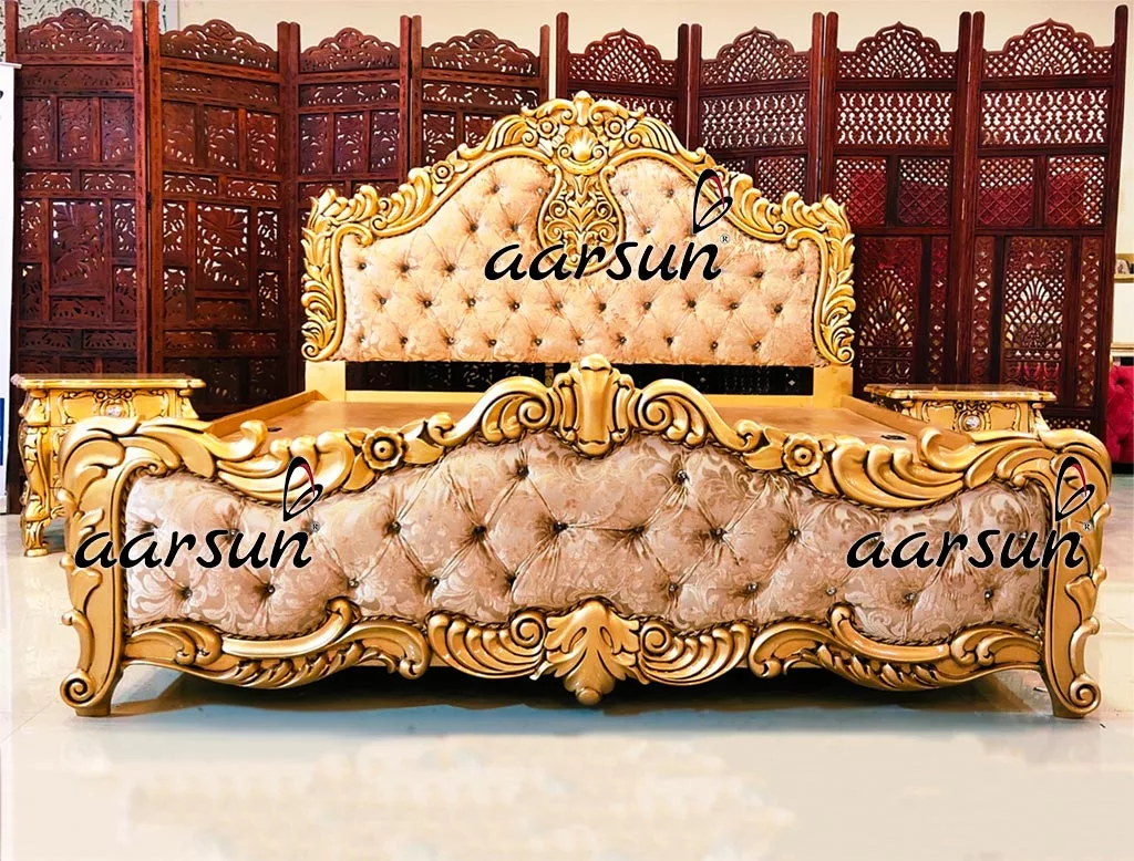 Handcrafted Carved Gold Finish Bed in Teak Wood view 5