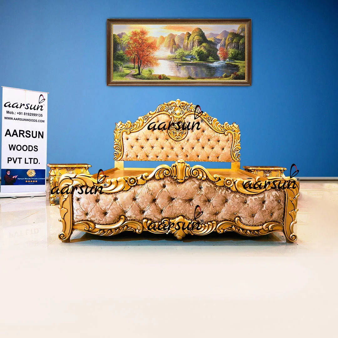 Handcrafted Carved Gold Finish Bed in Teak Wood