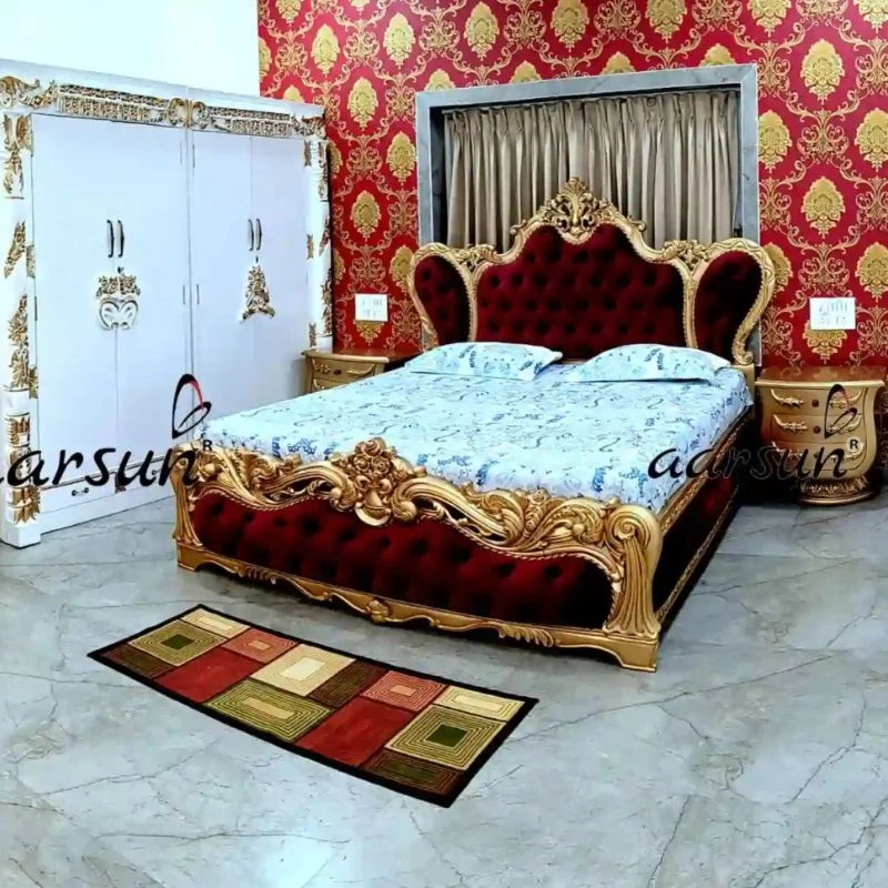 Handcrafted Carved King Size Bed with Velvet Upholstery