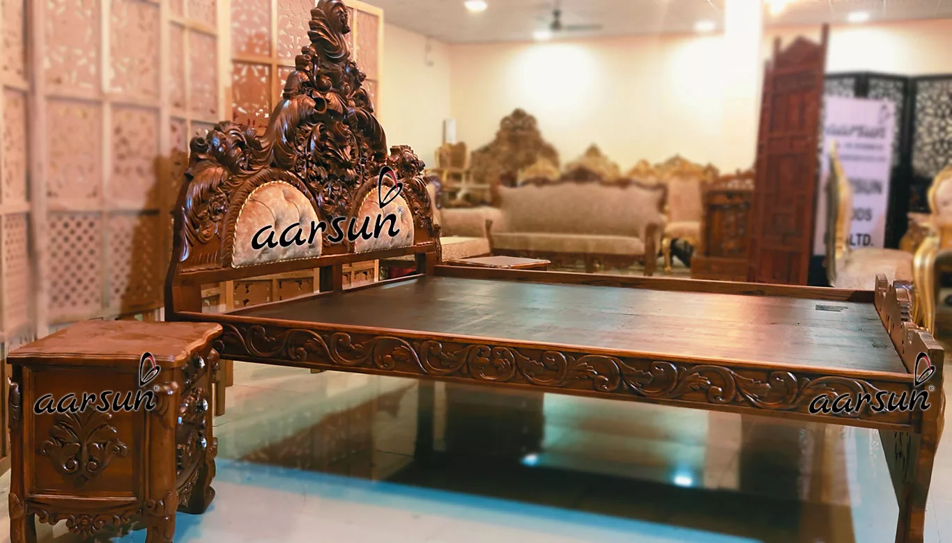 Handcrafted Carved Teak Bed with Side Table view 3