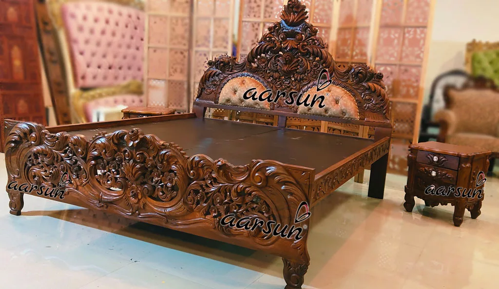 Handcrafted Carved Teak Bed with Side Table view 4