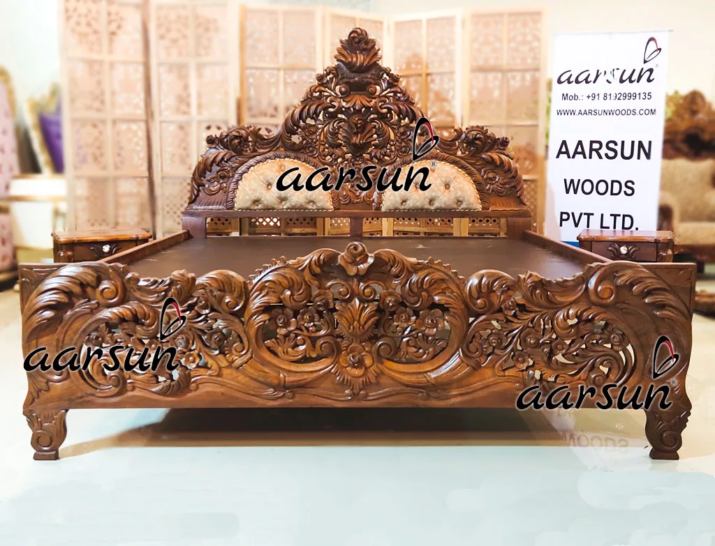 Handcrafted Carved Teak Bed with Side Table view 5