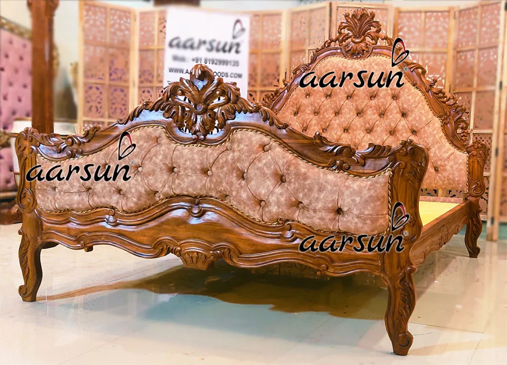 Handcrafted Queen Size Wooden Carved bed view 3