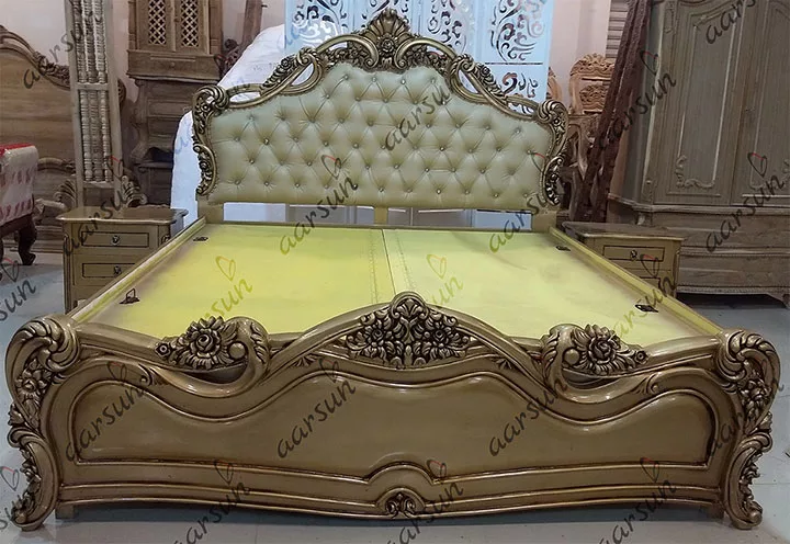 Handmade Floral Design Bed Teak Wood in Gold Finish view 3