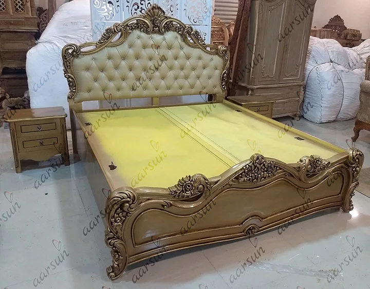 Handmade Floral Design Bed Teak Wood in Gold Finish view 4