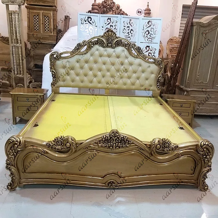 Handmade Floral Design Bed Teak Wood in Gold Finish view 5