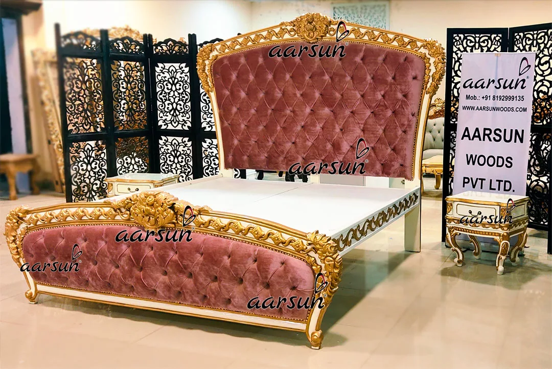 High Back Royal Bed in White & Gold with Contemporary Quilting view 3