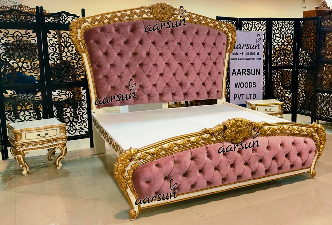 High Back Royal Bed in White & Gold with Contemporary Quilting view 4