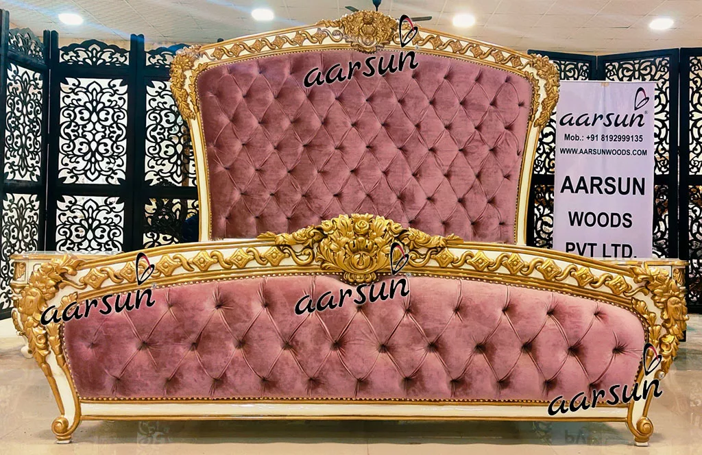 High Back Royal Bed in White & Gold with Contemporary Quilting view 6