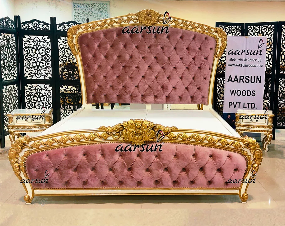 High Back Royal Bed in White & Gold with Contemporary Quilting view 7
