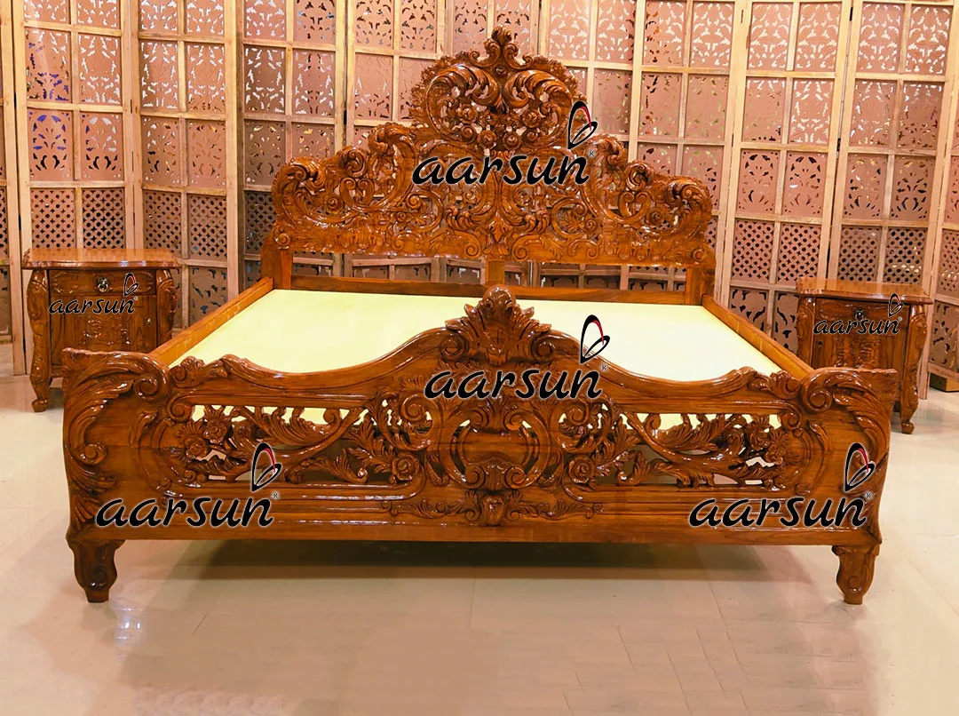 King Size Bed Fully Hand Carved in Teak Wood High Gloss Finish view 3