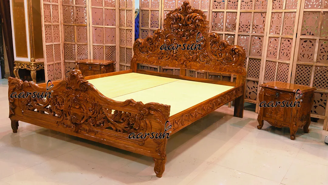King Size Bed Fully Hand Carved in Teak Wood High Gloss Finish view 4