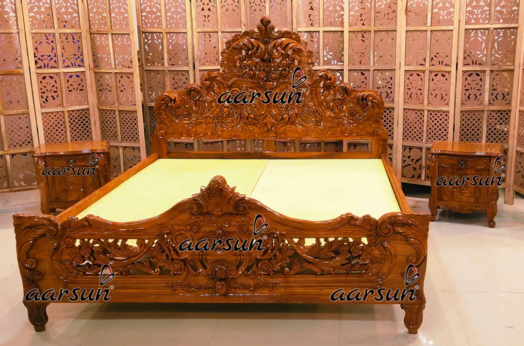King Size Bed Fully Hand Carved in Teak Wood High Gloss Finish view 5