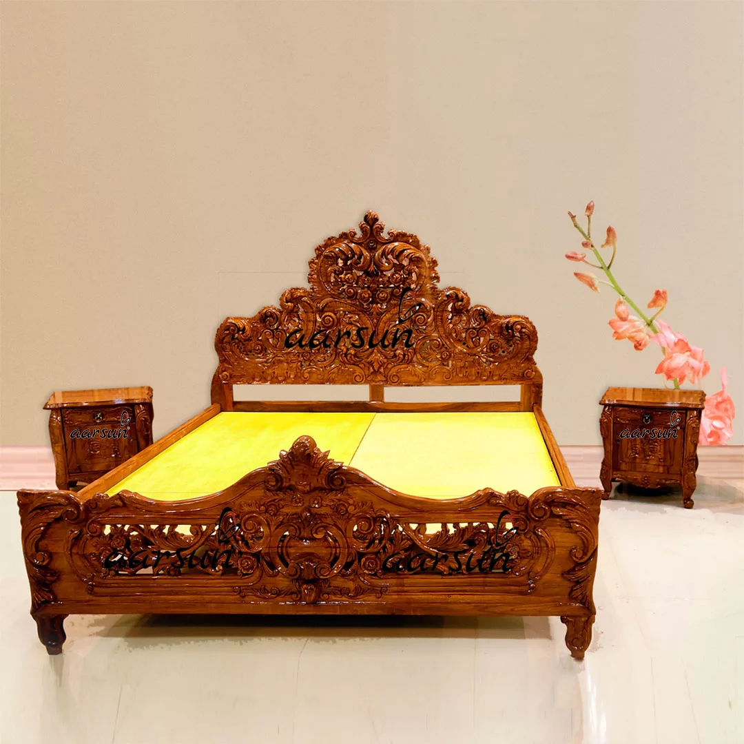 King Size Bed Fully Hand Carved in Teak Wood High Gloss Finish view 6