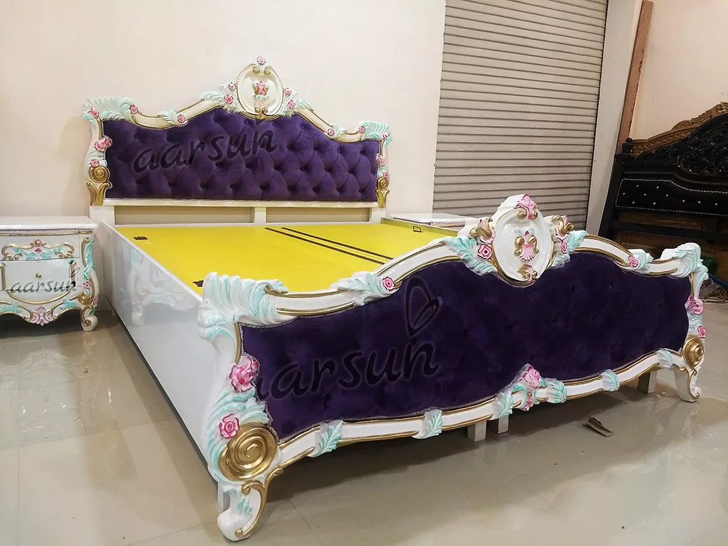 King Size Bed White Polish with Velvet Fabric view 4