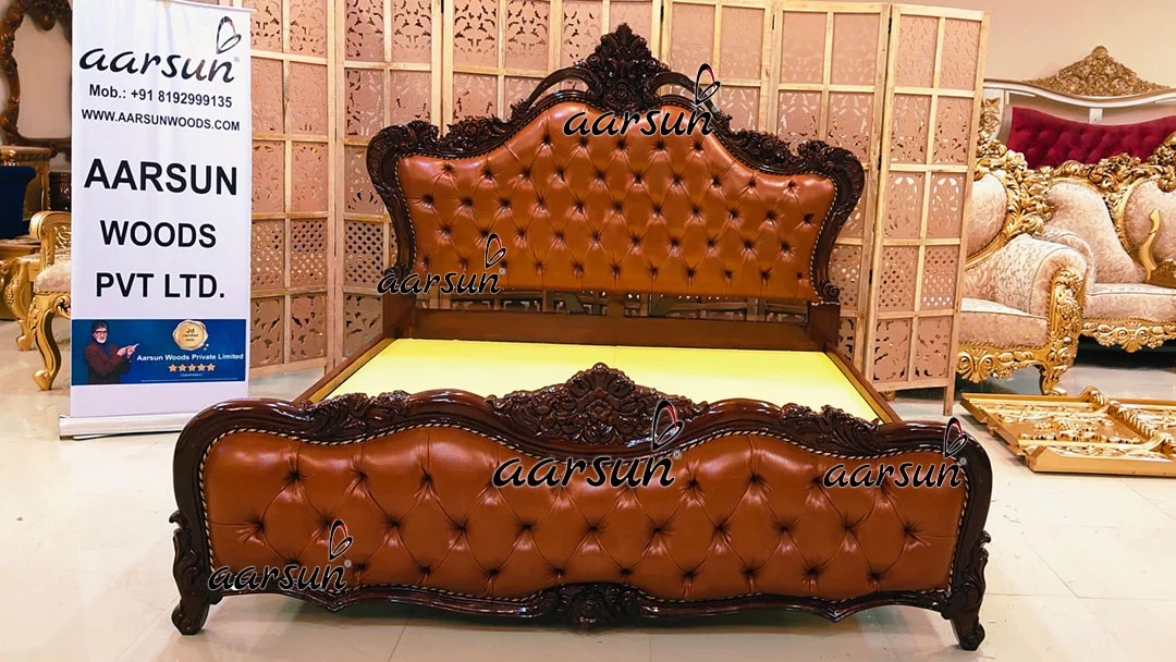King Size Bed in Dual Tone Walnut Shade Carved in Teak view 3