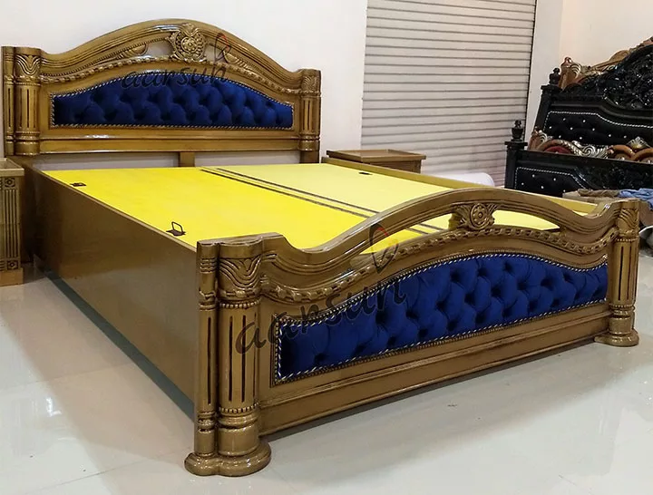 King Size Designer Wooden Bed with gold polish view 3