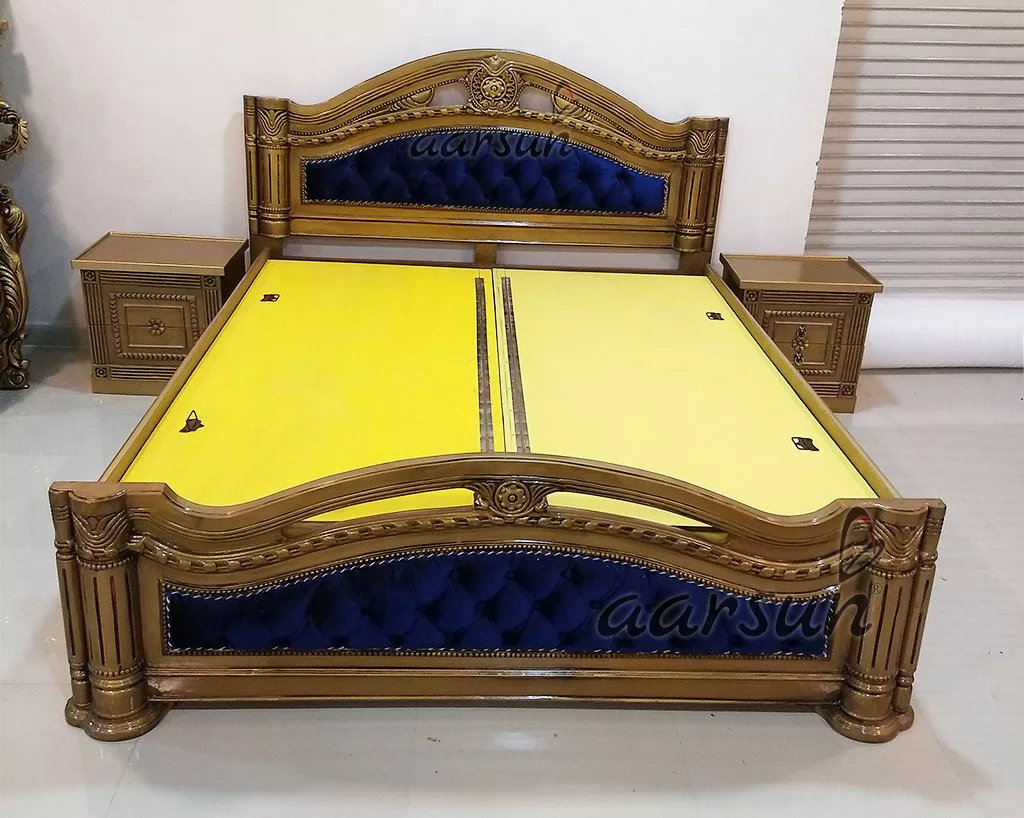 King Size Designer Wooden Bed with gold polish view 6