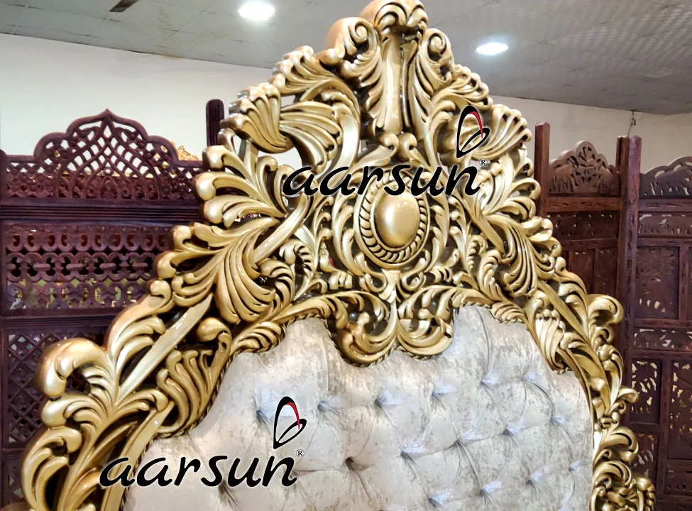 King Size Gold Finish Bed in Teak Wood view 3