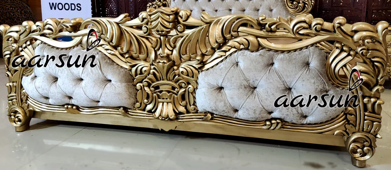 King Size Gold Finish Bed in Teak Wood view 4