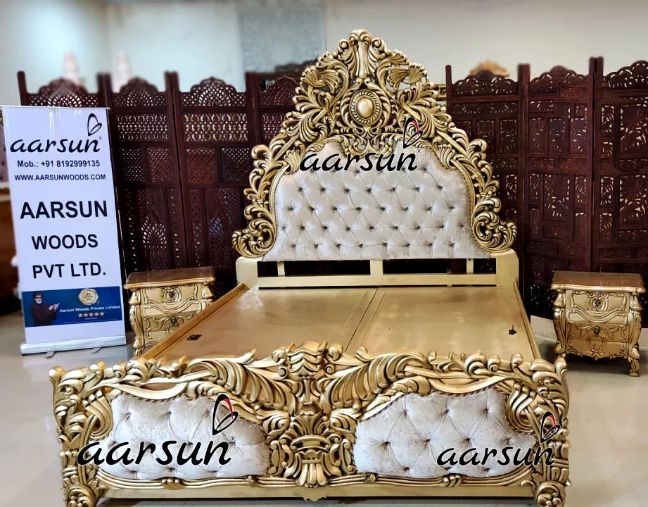 King Size Gold Finish Bed in Teak Wood