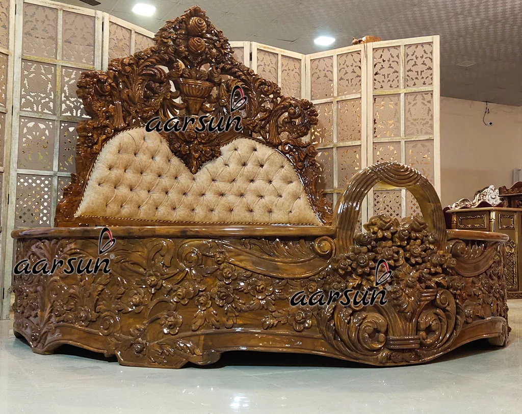 Luxurious Round Bed Fully Carved in Teak view 4