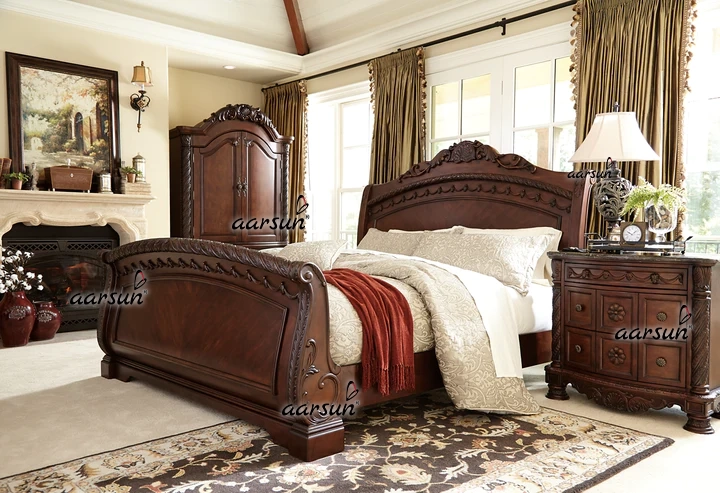 Luxurious Sleigh Bed in Brown with Light Carving view 4