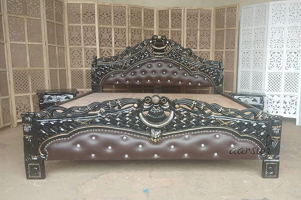 Luxury Teak Wood Bed with side Table view 3