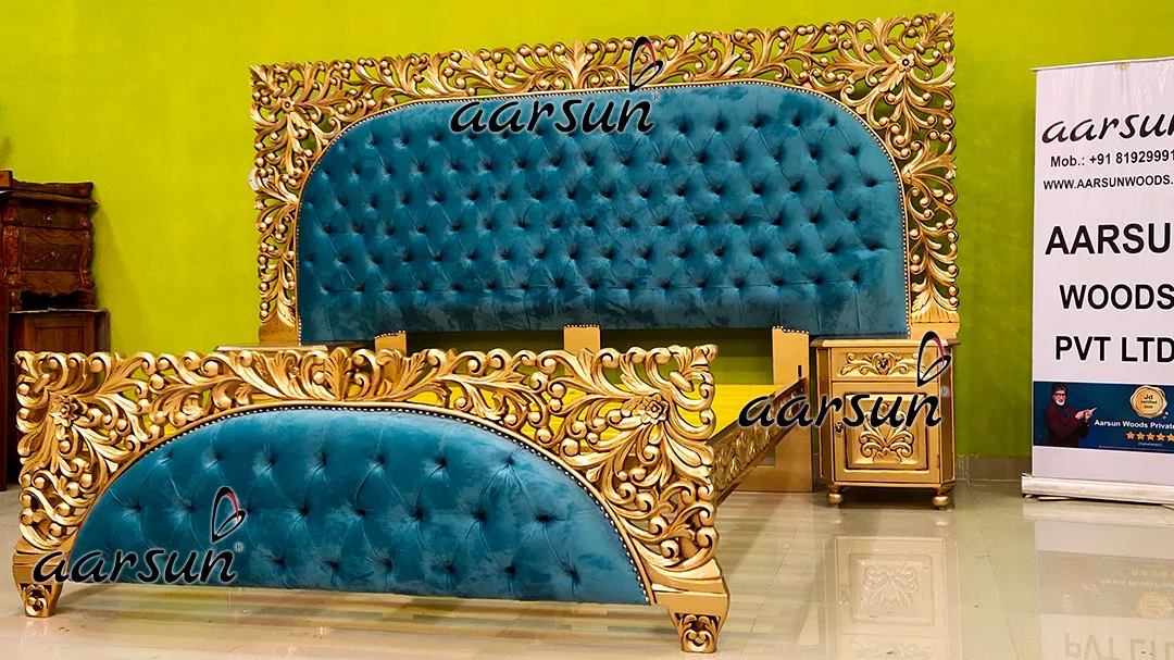Personalized King Size Bed in Teak & Gold Finish view 3
