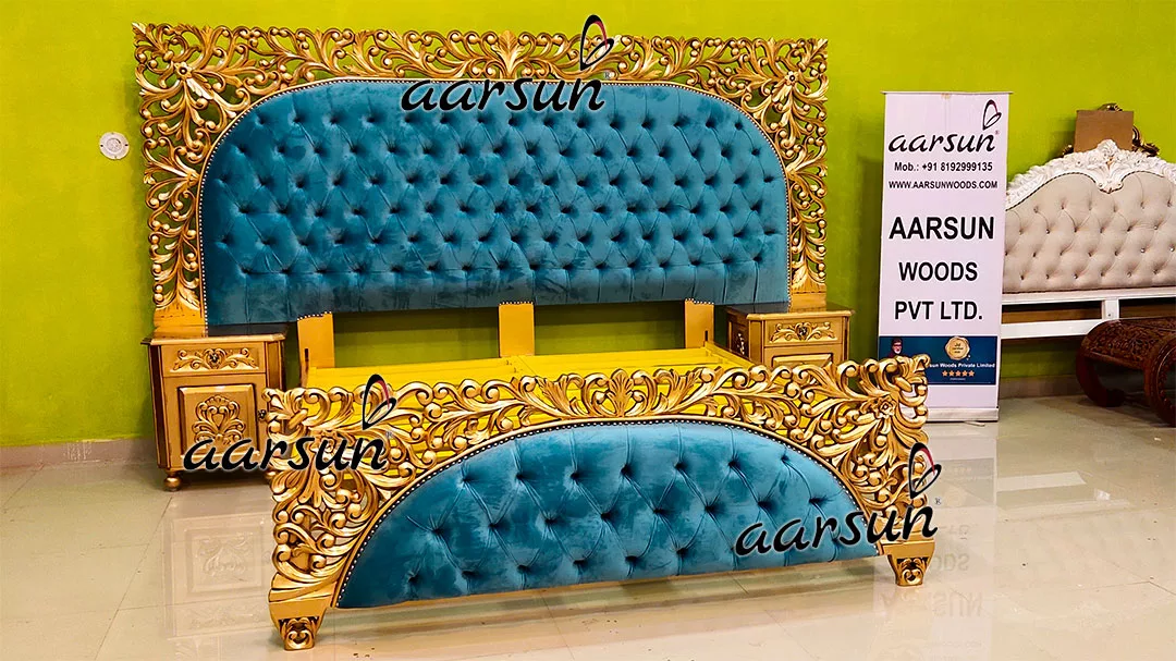 Personalized King Size Bed in Teak & Gold Finish view 4