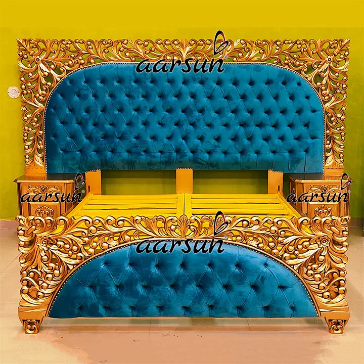 Personalized King Size Bed in Teak & Gold Finish view 5